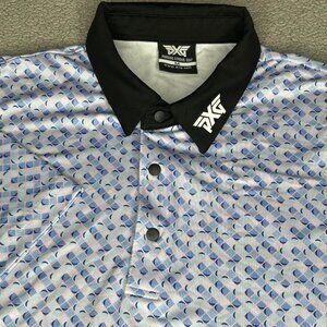 PXG Polo Shirt Mens Medium Blue Geometric Print Snap Placket Golf Stretch